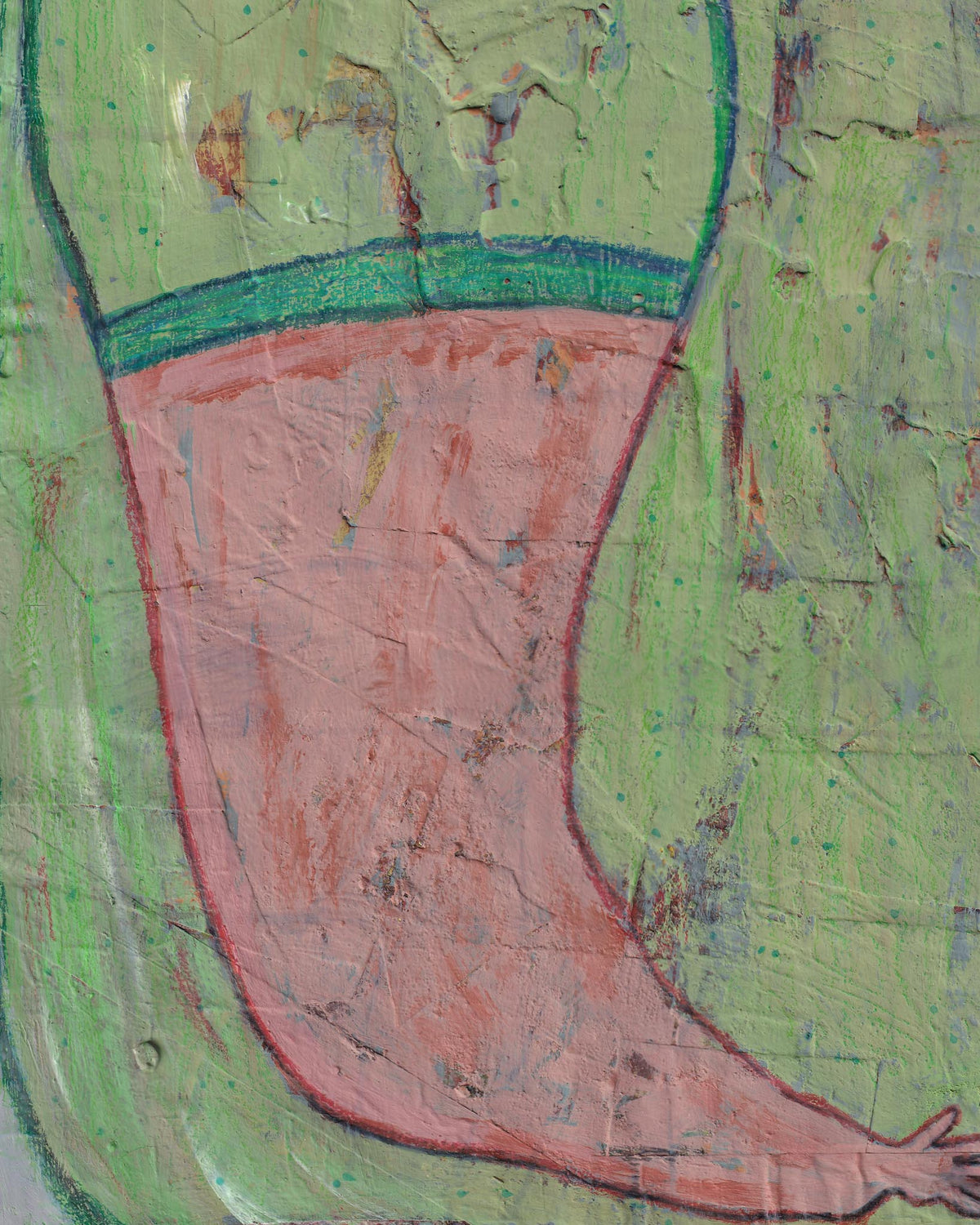 Abstract artwork with green and pink colors on a textured surface