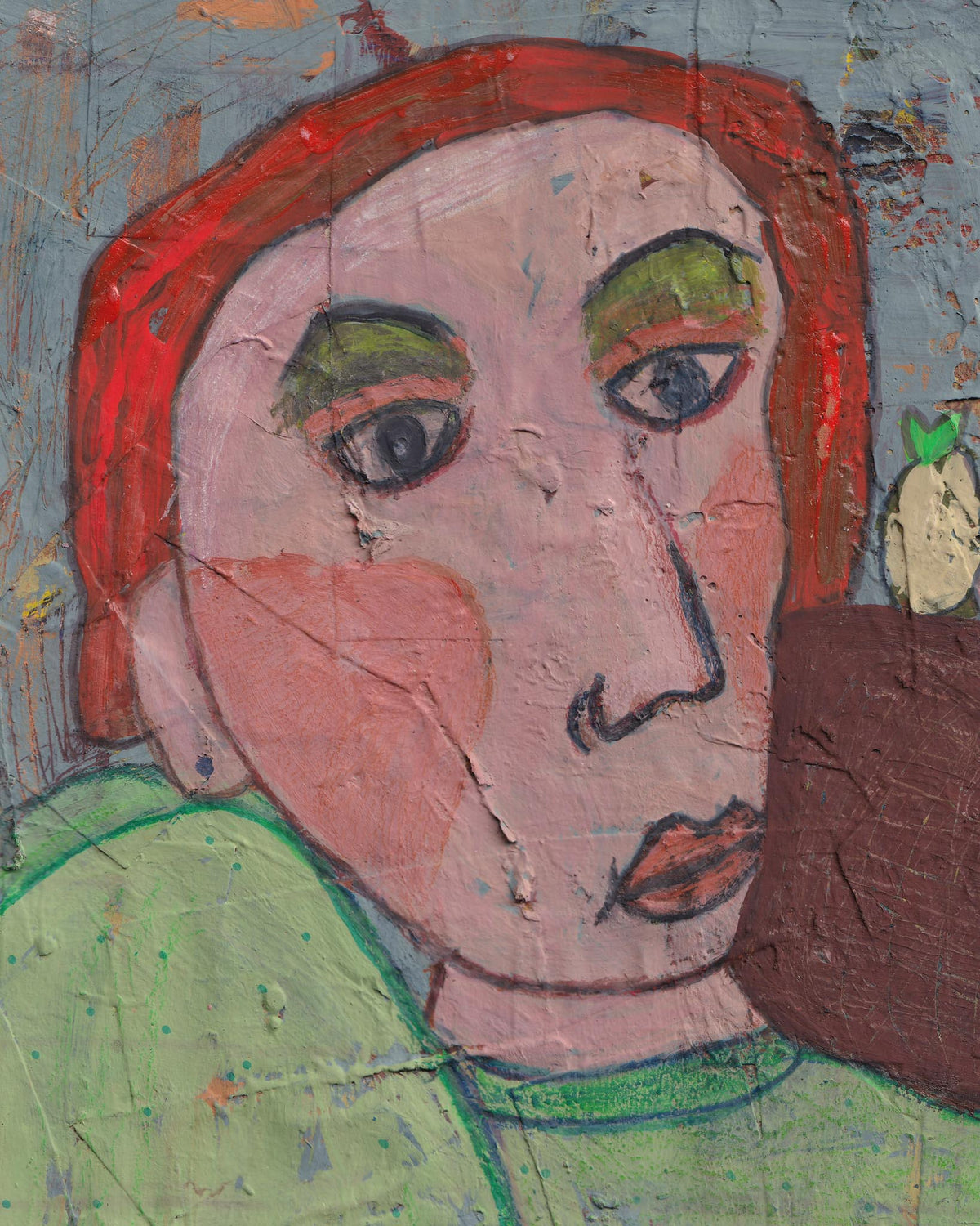 Abstract artwork of a face with red hair and green eyes, wearing a green garment.