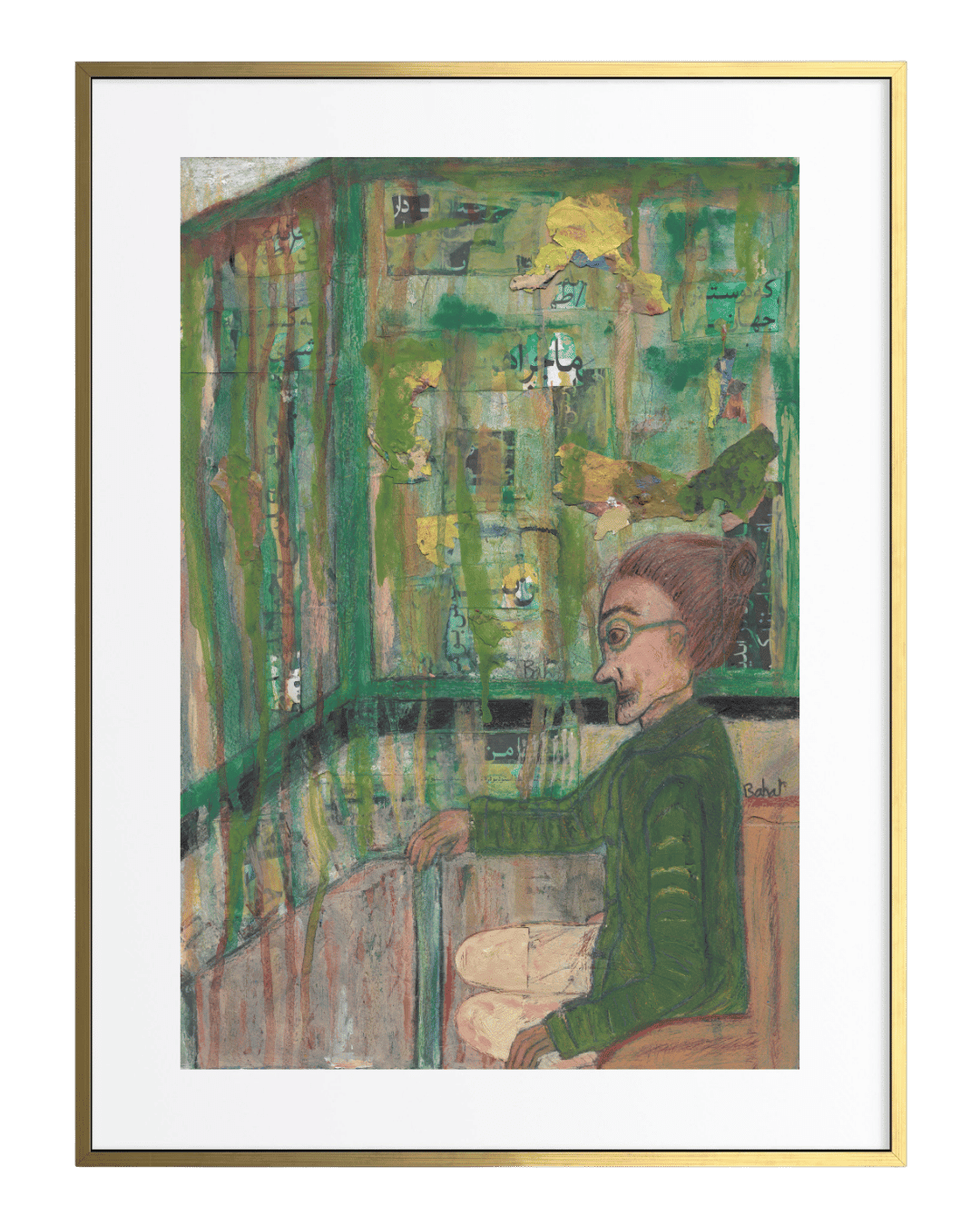 Framed artwork of a person interacting with a colorful digital interface.