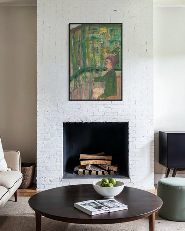 Living room with a white brick wall, fireplace, and a painting above it.