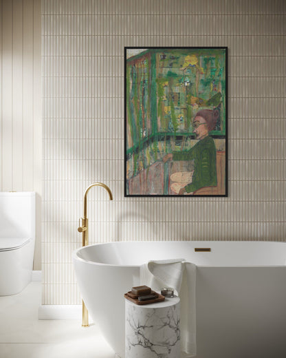 Bathroom with a freestanding bathtub, gold faucet, and framed artwork on the wall.