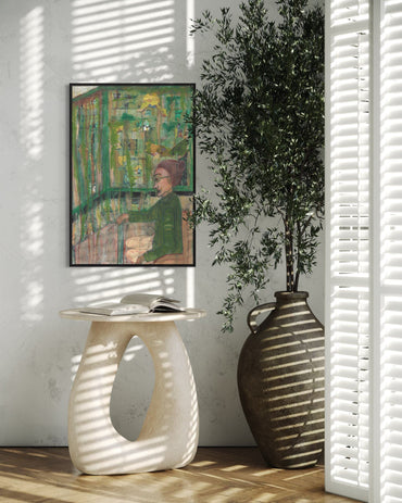 Room interior with a framed painting, a vase, and a plant.