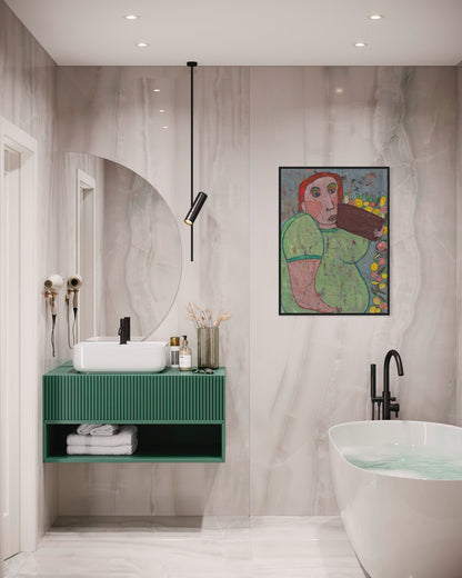 Modern bathroom with green vanity, round mirror, and abstract painting on gray wall.