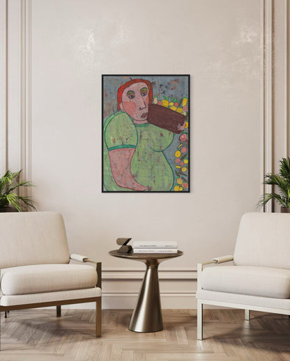 Living room with a painting of a woman holding fruit, two white chairs, and a small round table.