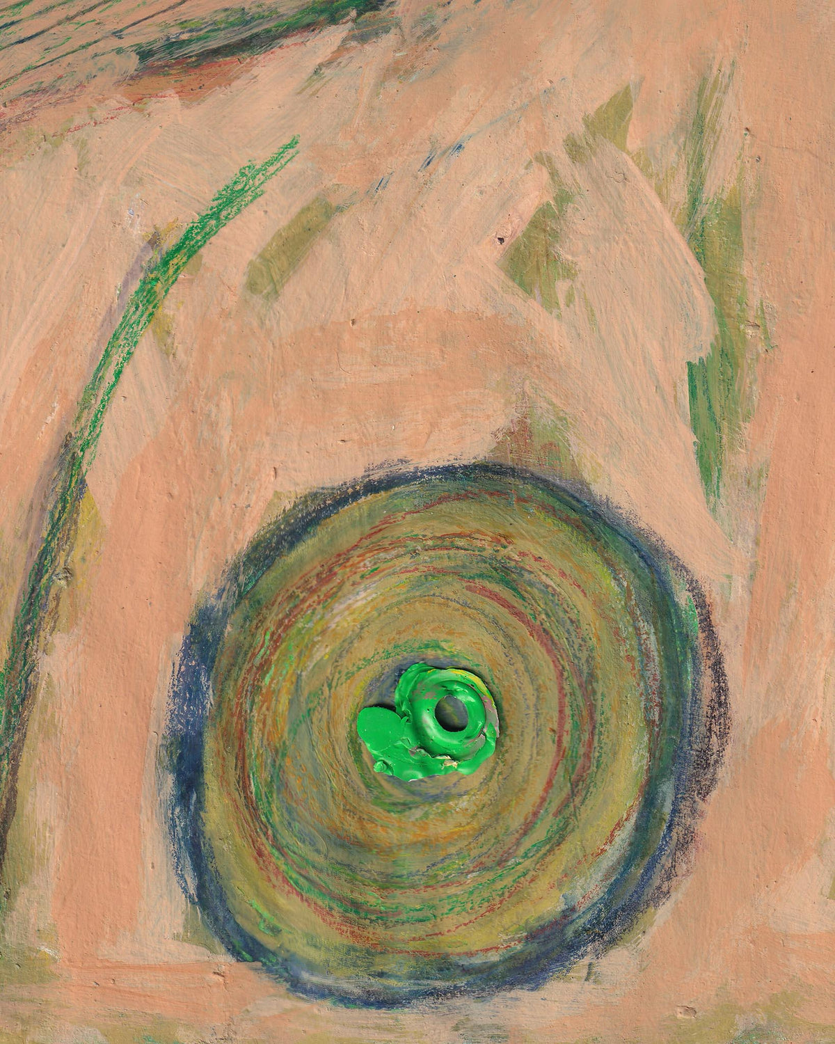 Abstract artwork with a green spiral in the center on a textured beige background