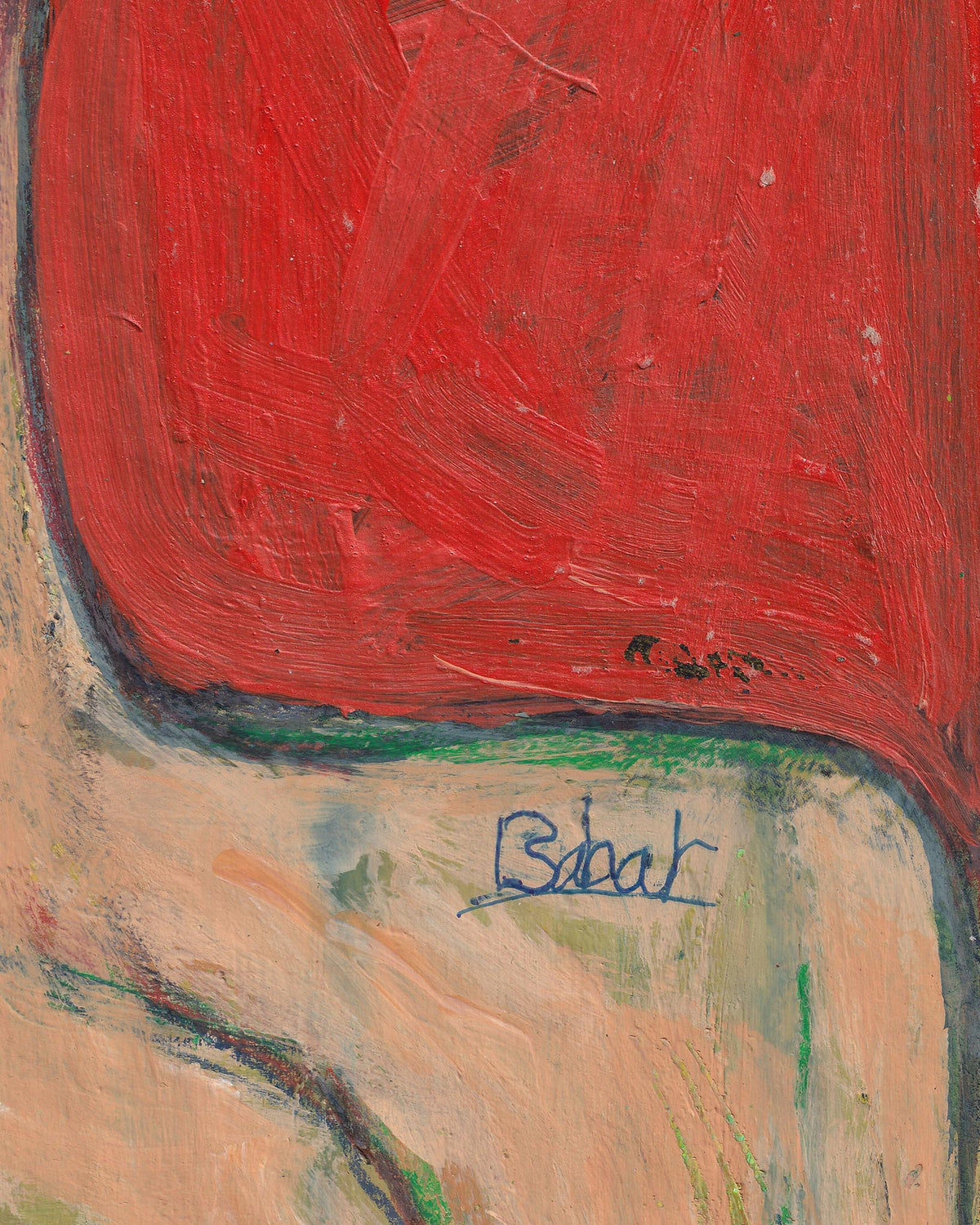 Abstract painting with a red area and a signature in blue.