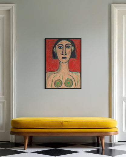 Yellow bench in a room with a painting on the wall