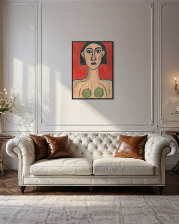 White sofa with brown cushions in a room with a painting on the wall.