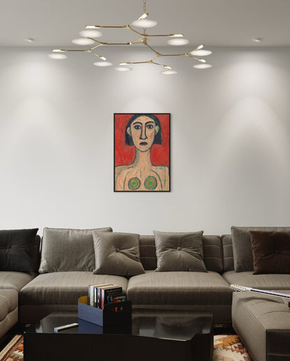 Modern living room with a gray sectional sofa, coffee table, and a colorful painting on the wall.