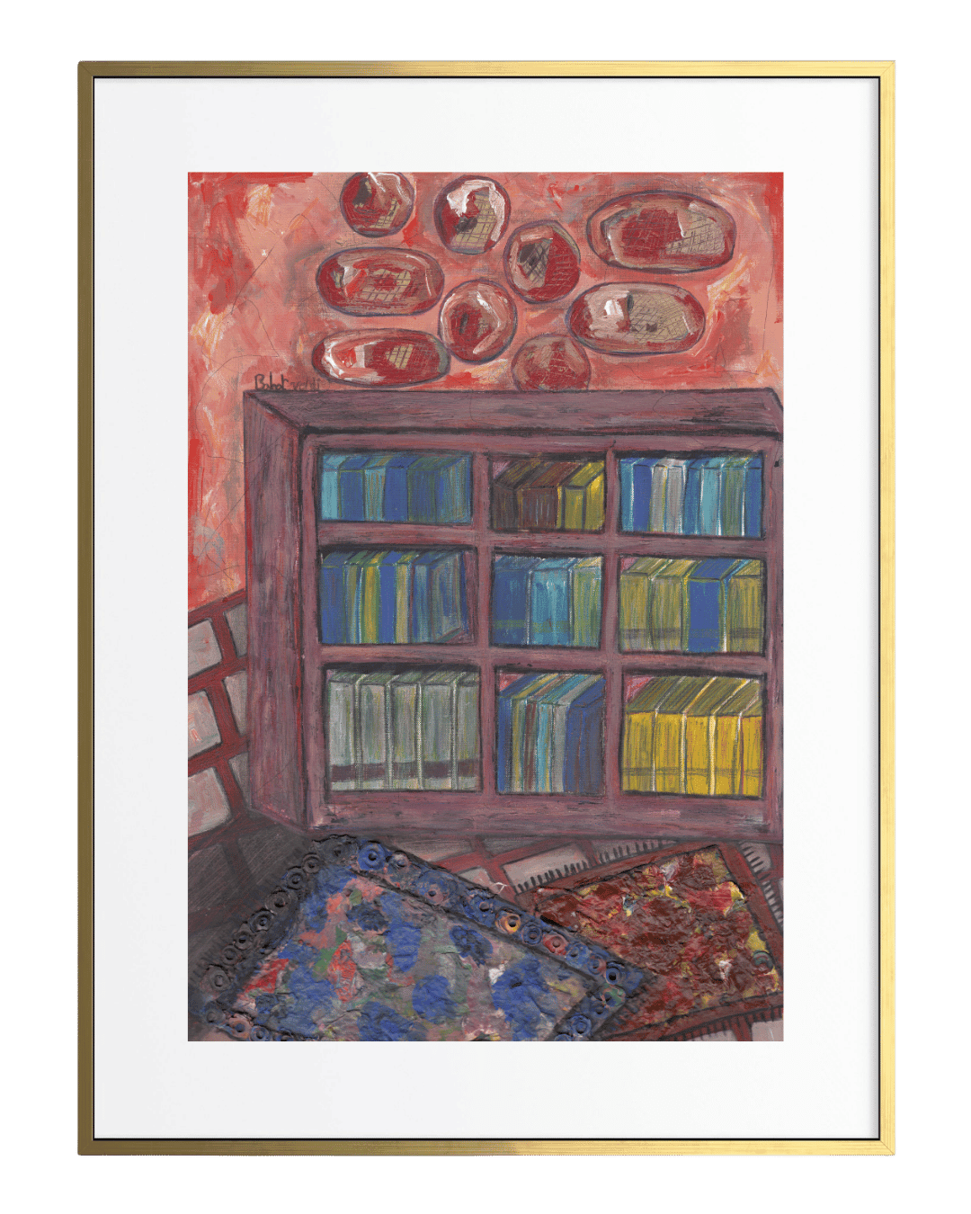 Framed artwork of a bookshelf with colorful books against a red wall.
