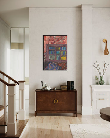 Living room with a wooden sideboard, colorful painting, and decorative items.