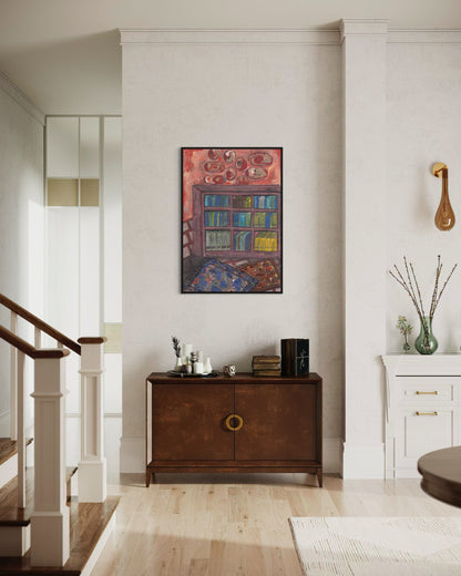Living room with a wooden sideboard, colorful painting, and decorative items.