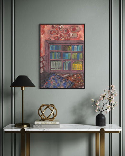 Decorative interior with a painting of a bookshelf, lamp, sculpture, and vase on a marble table against a gray wall.
