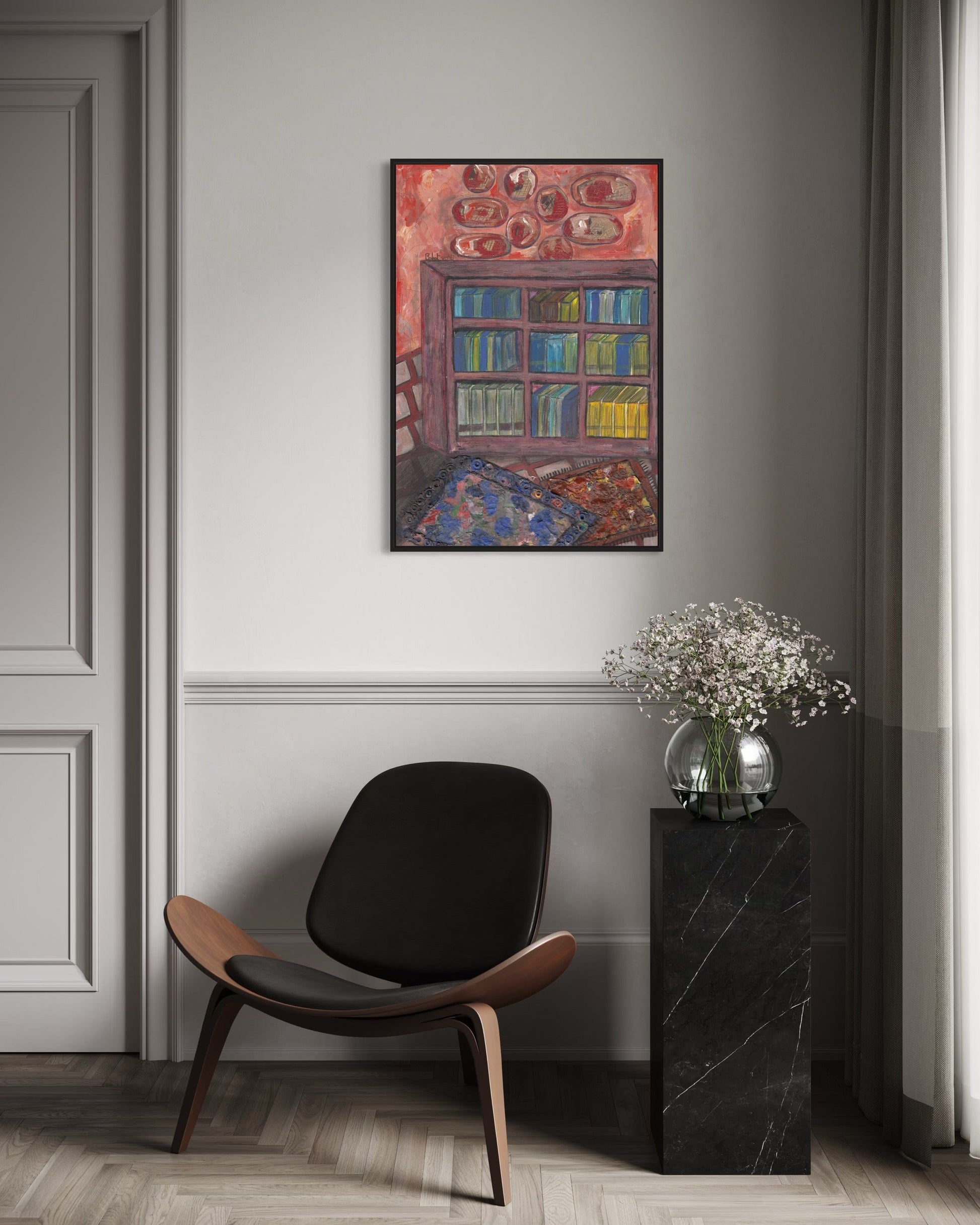 Modern interior with a black chair, marble side table, and colorful abstract painting on a gray wall.
