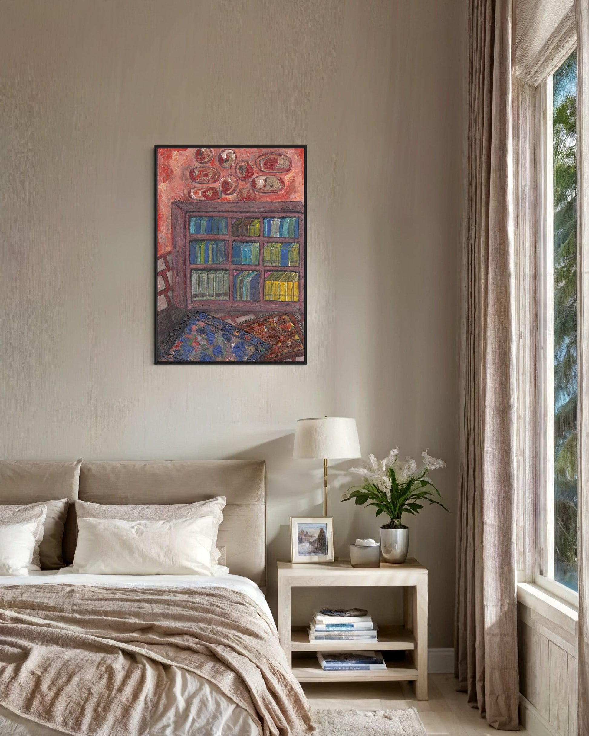 Modern bedroom with a bed, nightstand, lamp, and artwork on the wall.