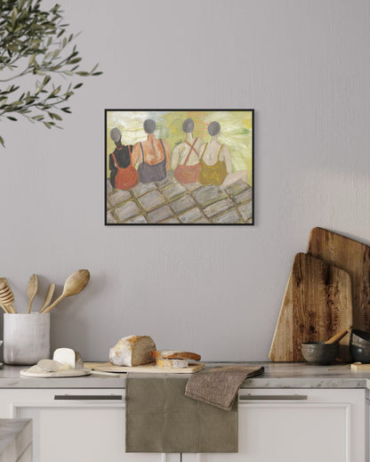 Framed artwork of three figures on a wall above a kitchen counter with various items.