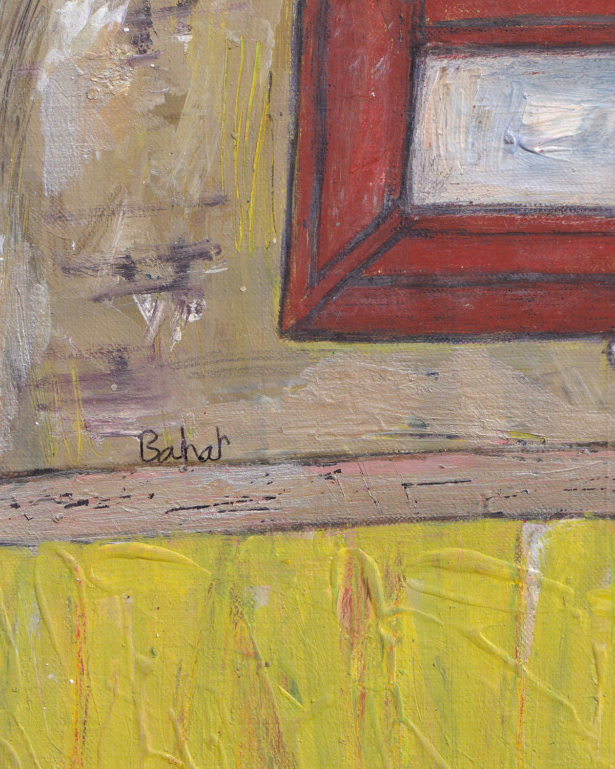 Close-up of a textured painting with a red frame and signature.