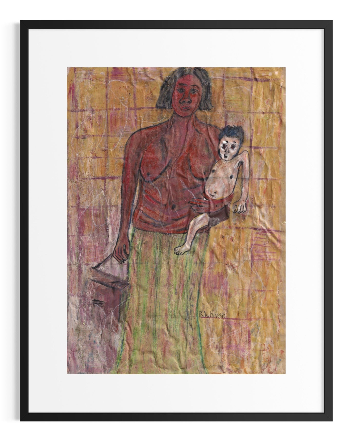 Framed artwork of a woman holding a child with a textured background