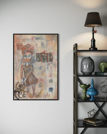 Framed artwork on a wall next to a shelf with decorative items