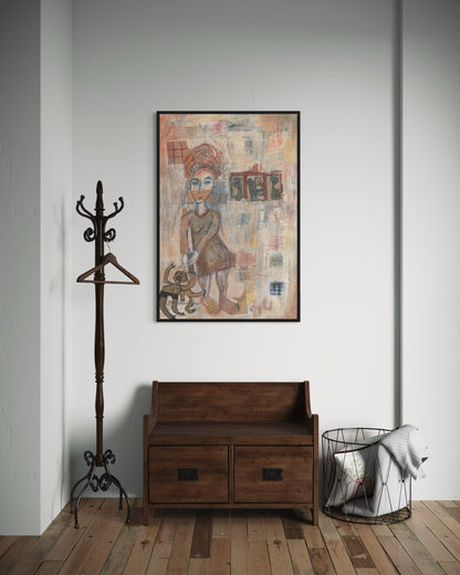 Wooden bench, coat rack, and framed artwork in a room with wooden flooring.