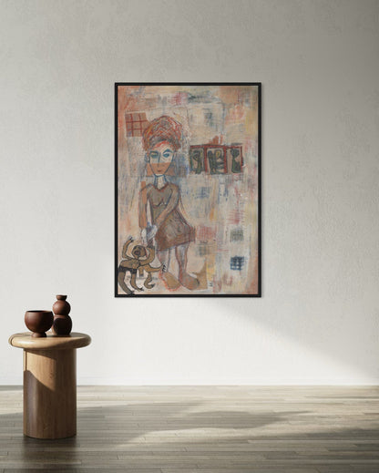 Framed artwork of a person with a colorful abstract design on a wall above a wooden side table.