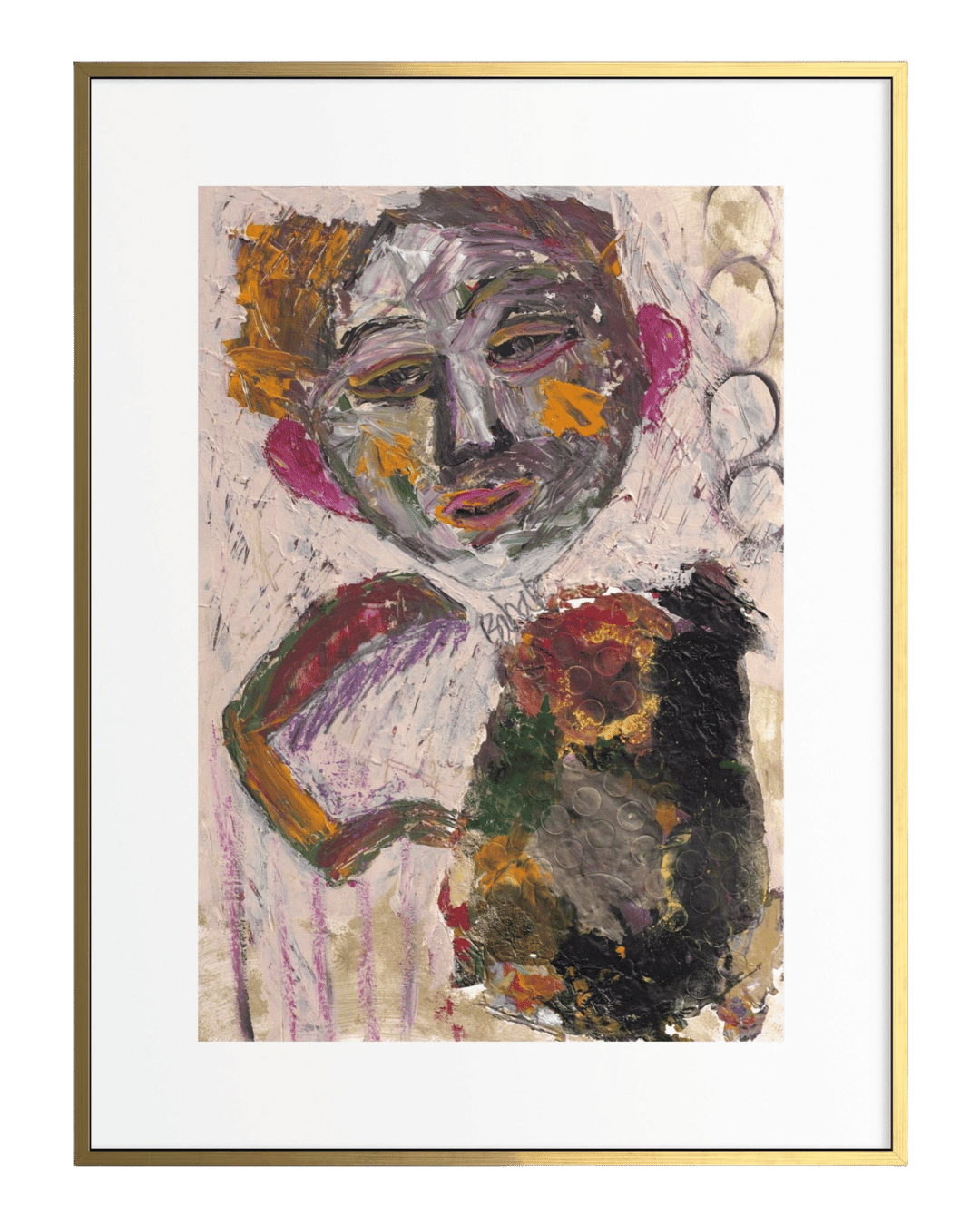 Abstract painting of a face with colorful textures and patterns.