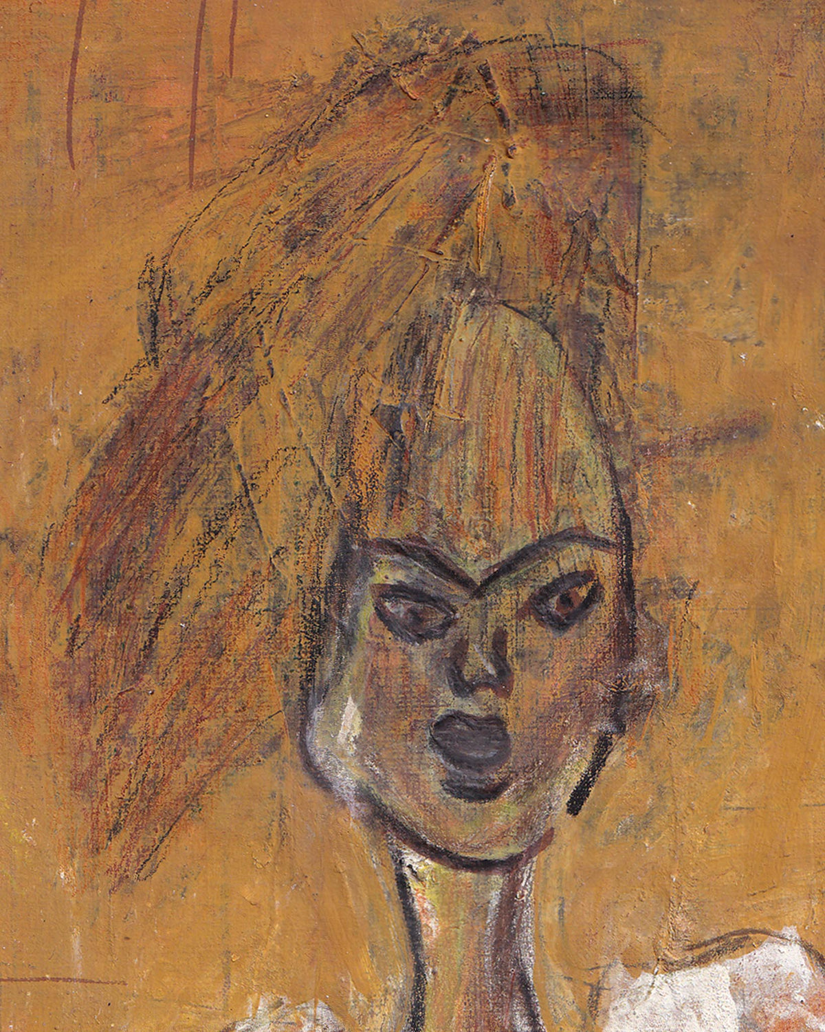 Artistic depiction of a stylized face with exaggerated features on a textured orange background
