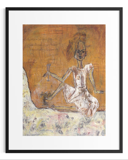 Framed artwork of a skeleton in a chair with an abstract background