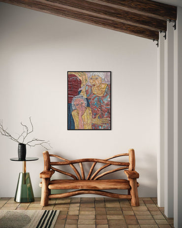 Wooden bench and side table in a room with a colorful abstract painting on the wall.