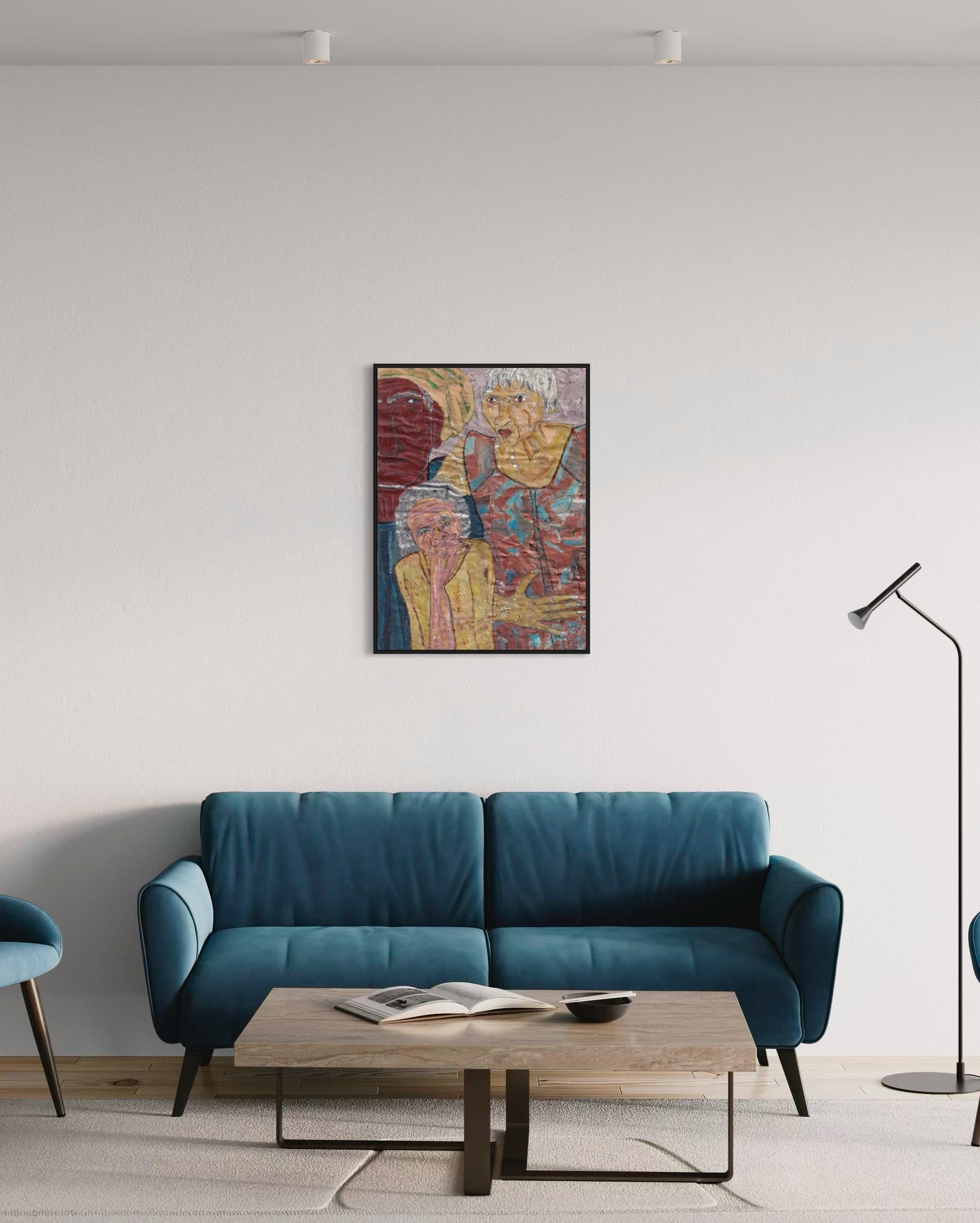 Modern living room with a blue sofa, wooden coffee table, and abstract painting on the wall.