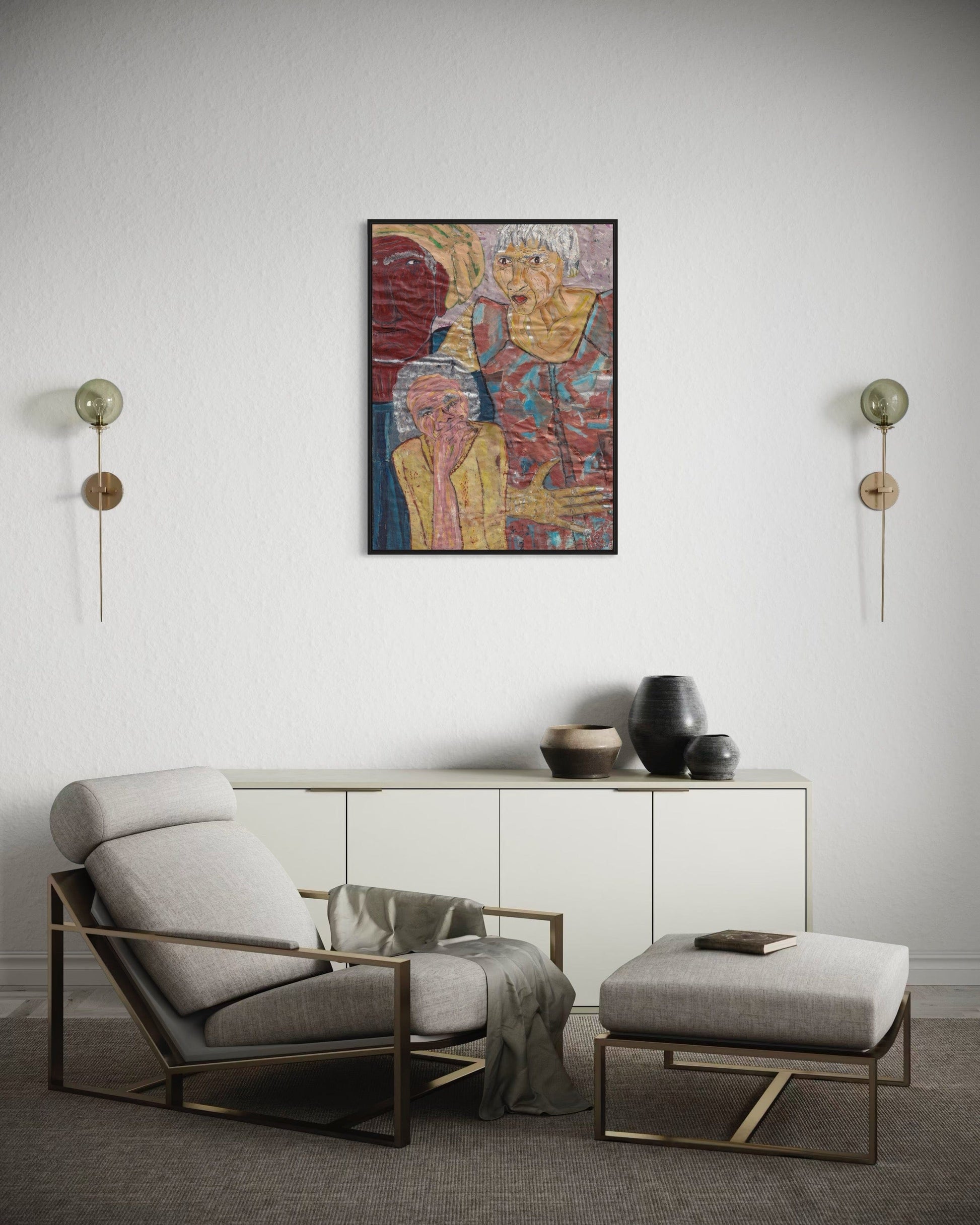 Modern living room with a gray armchair, ottoman, and a colorful abstract painting on the wall.