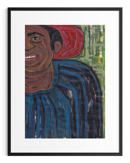 Framed artwork of a person with a blue shirt and red hair against a green background