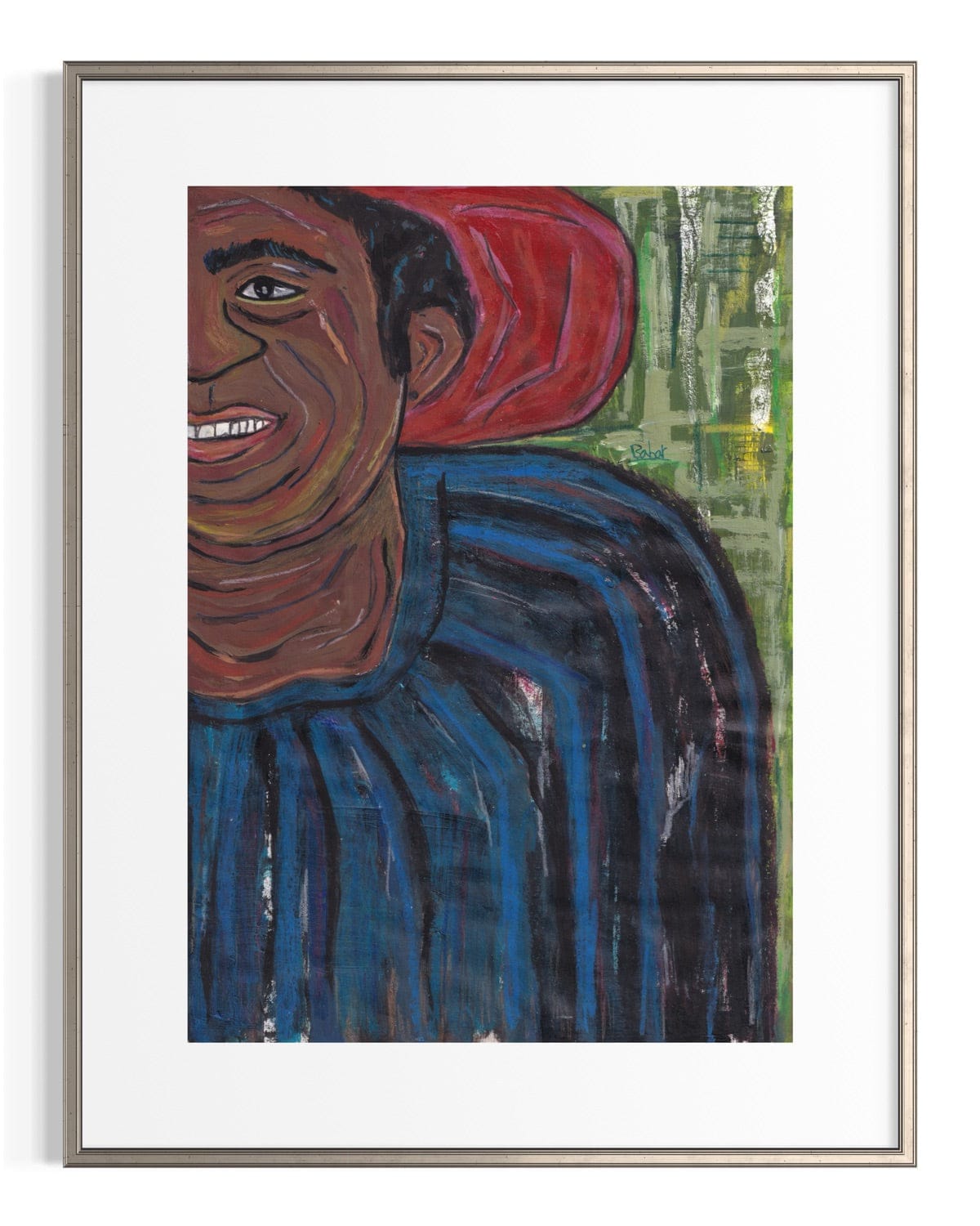 Framed artwork of a person with red hair and a blue shirt on a white background