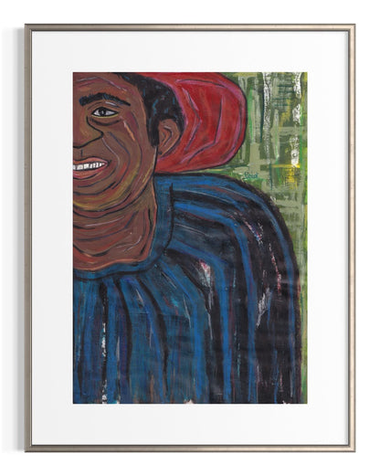 Framed artwork of a person with red hair and a blue shirt on a white background