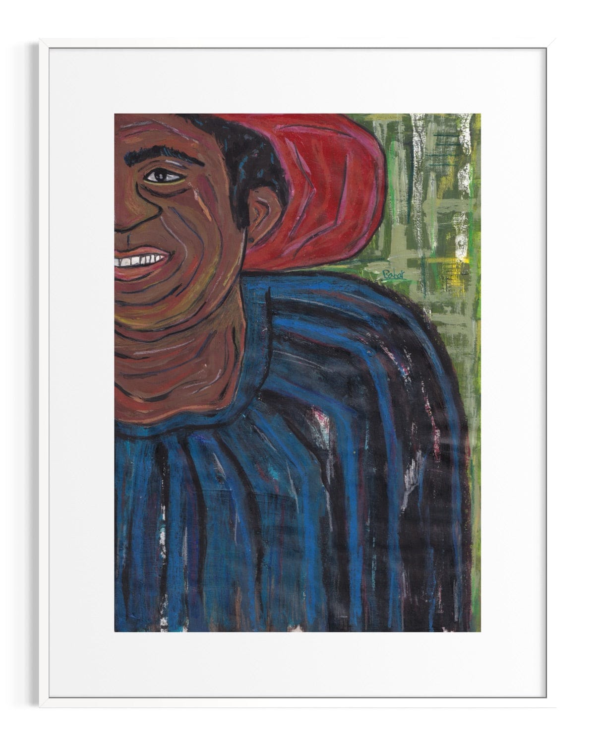 Artistic depiction of a person with red hair and a blue shirt against a green background