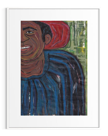 Artistic depiction of a person with red hair and a blue shirt against a green background