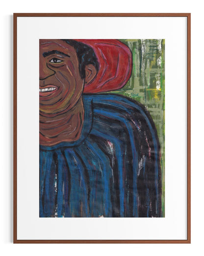 Framed artwork of a person with a blue shirt and red hair against a green background