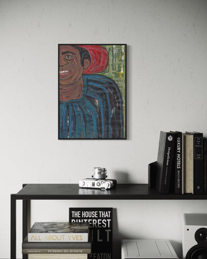 Framed artwork of a person with a red object on a white wall above a shelf with books and decor.
