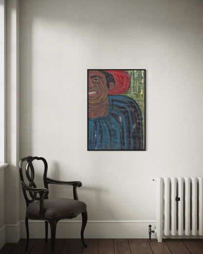 Artistic portrait of a person with a red headscarf on a white wall above a chair and radiator.
