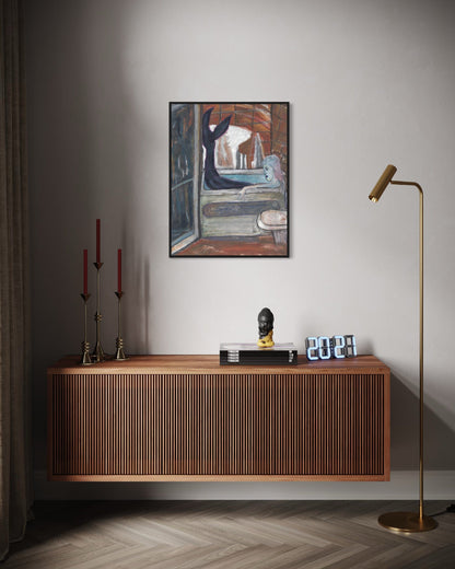 Wooden sideboard with decorative items against a wall with a painting and clock.
