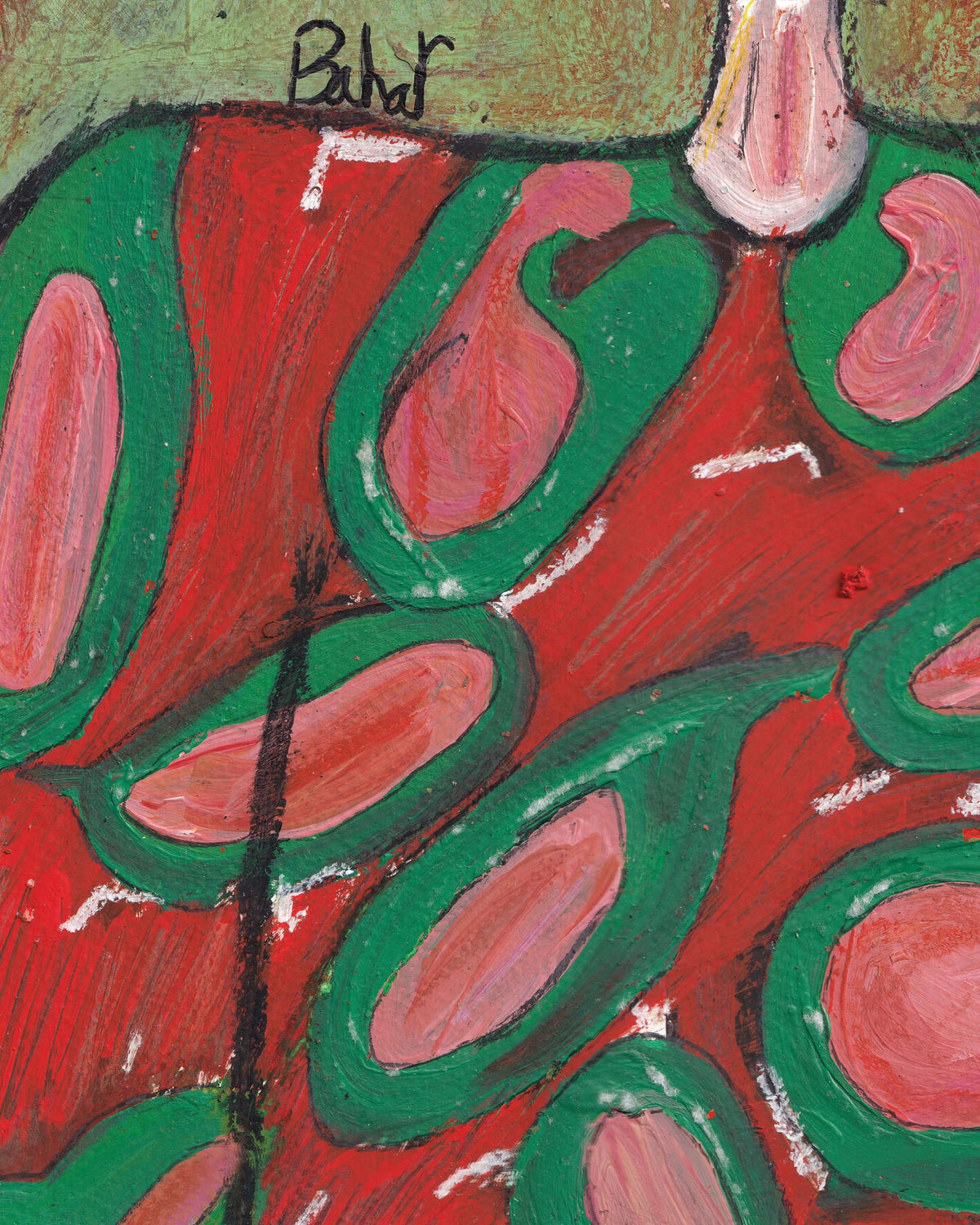 Abstract artwork with red, green, and pink colors.