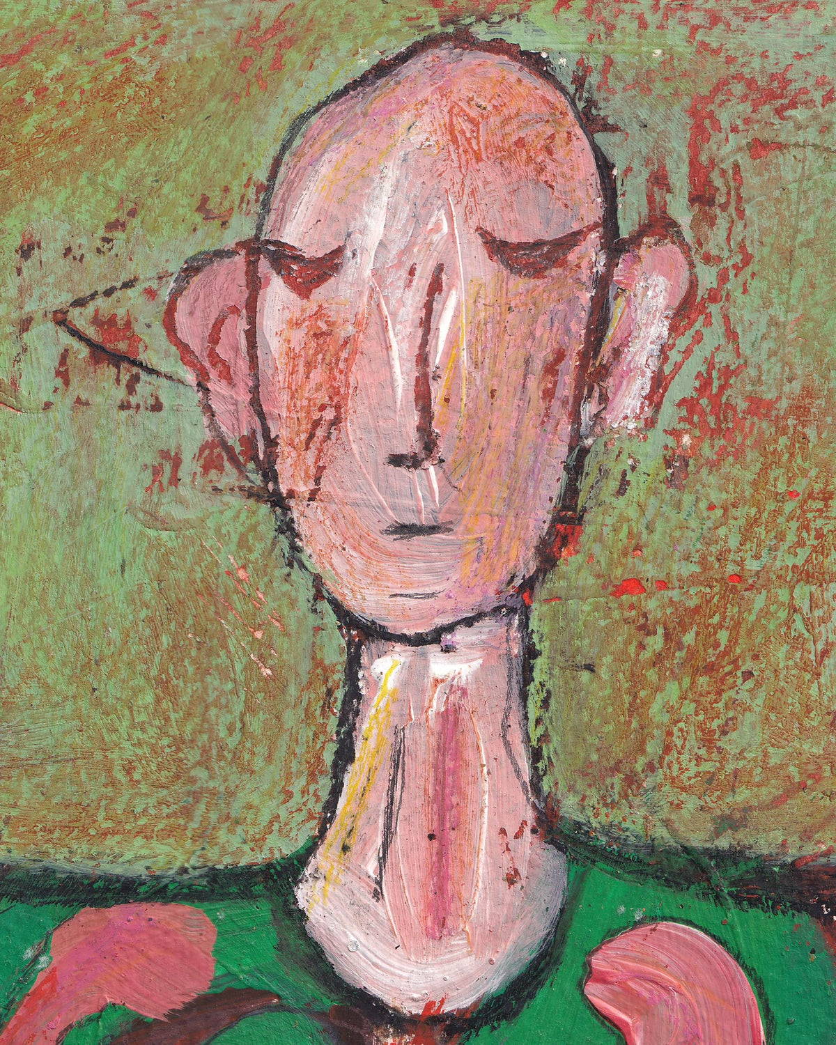 Abstract painting of a face with a green background