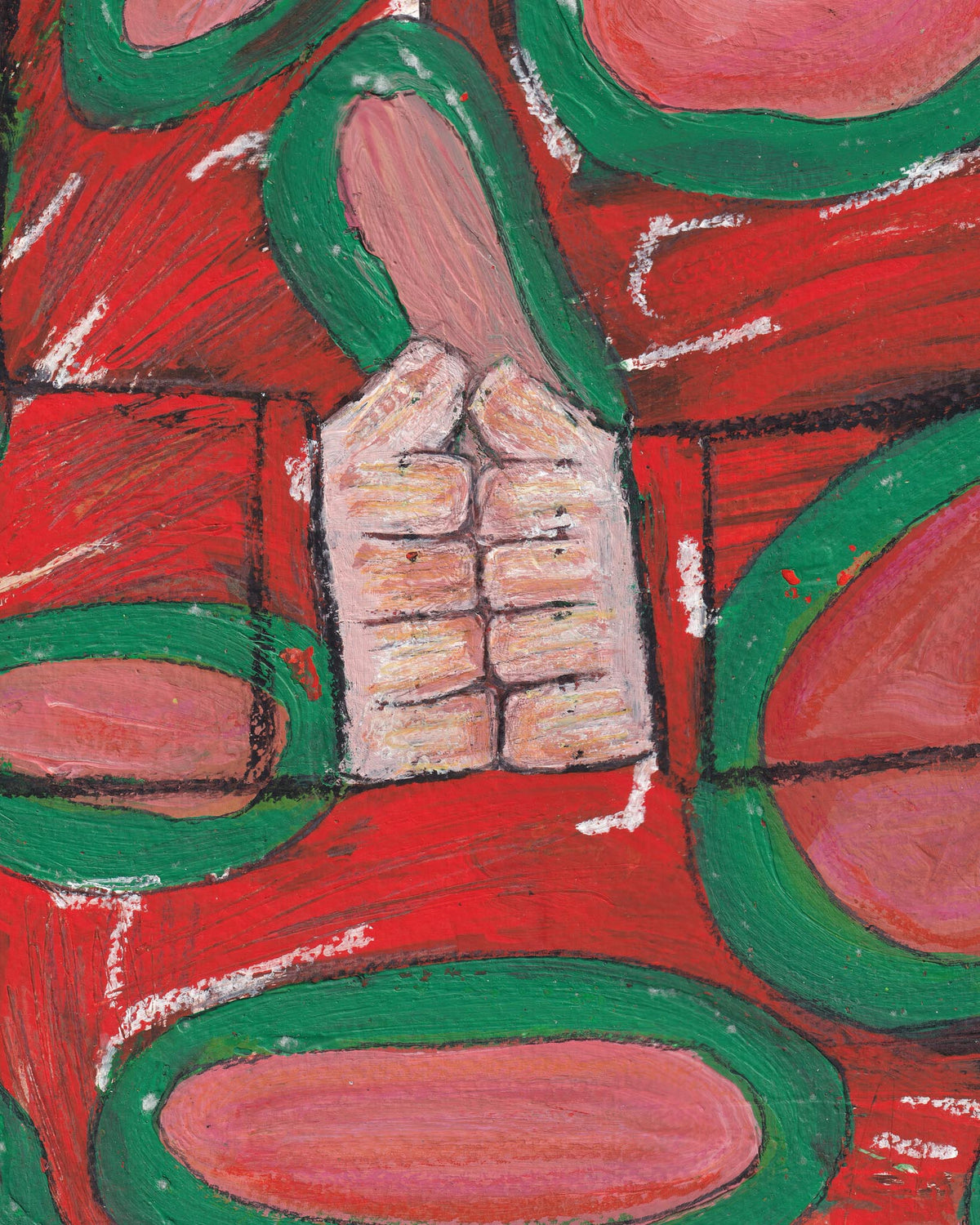 Abstract artwork with red, green, and brown colors