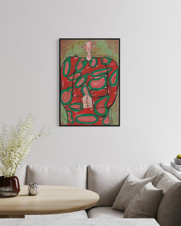 Abstract artwork on a wall above a sofa in a living room