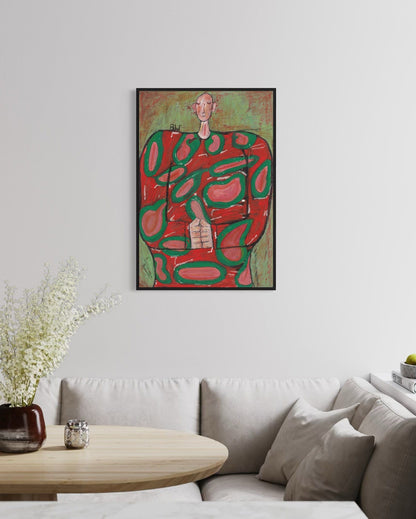 Abstract artwork on a wall above a sofa in a living room