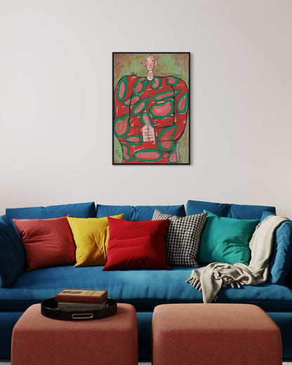 Colorful living room with a blue sofa, multicolored pillows, and a vibrant abstract painting on the wall.
