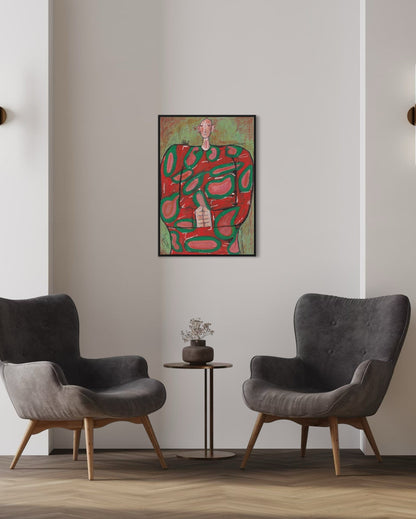 Two gray armchairs in a room with a colorful abstract painting on the wall.