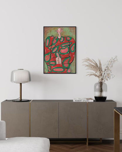 Abstract painting in a modern living room setting with a sideboard and decor items.