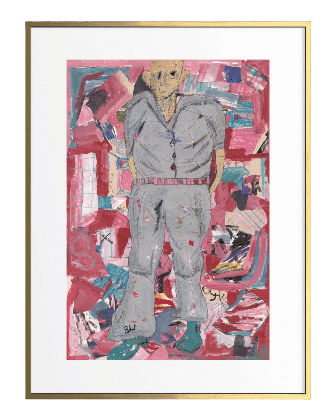 Framed artwork of a person in a gray outfit against a colorful abstract background