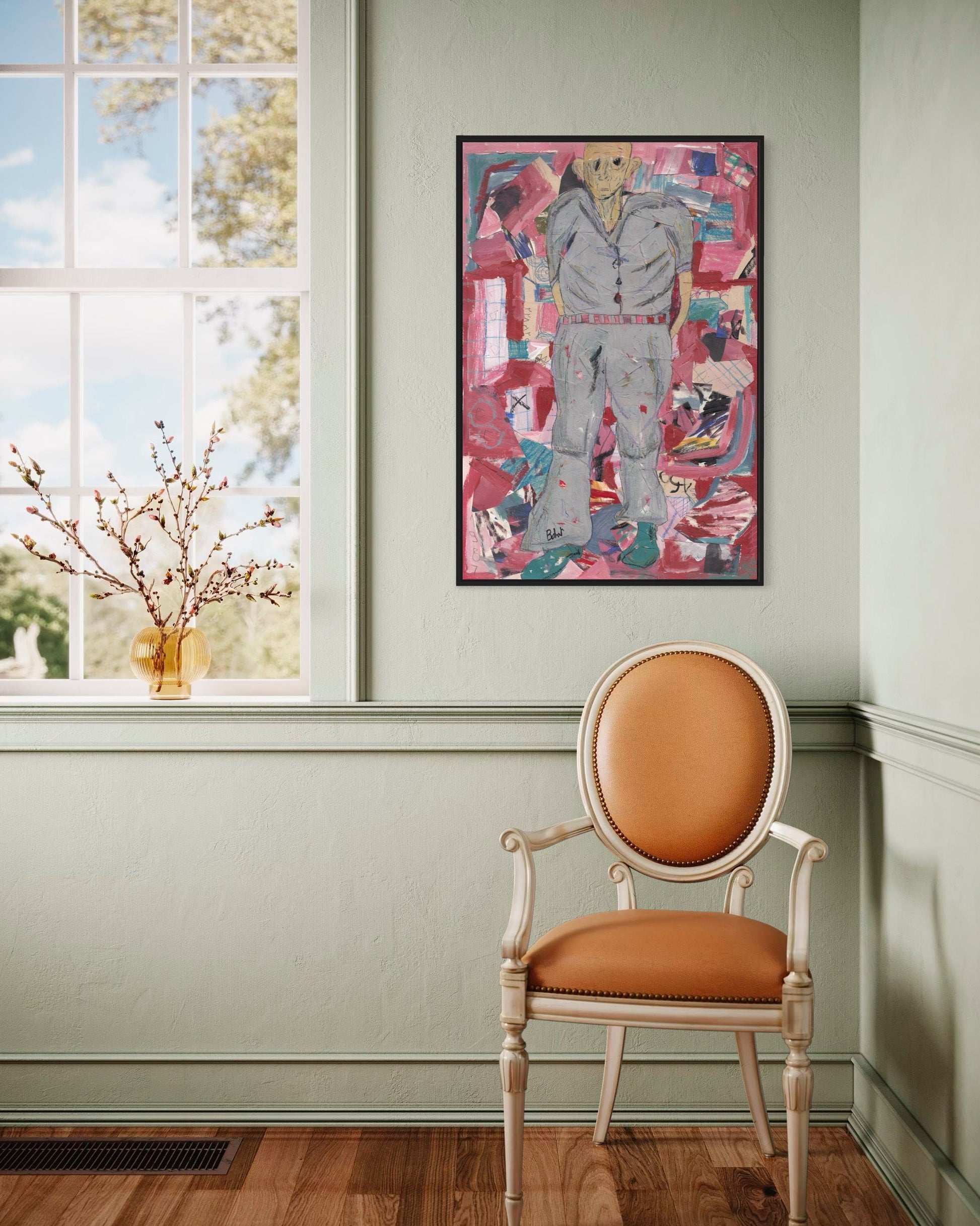 Room interior with a colorful abstract painting on the wall, a window with a view of trees, and a brown chair.